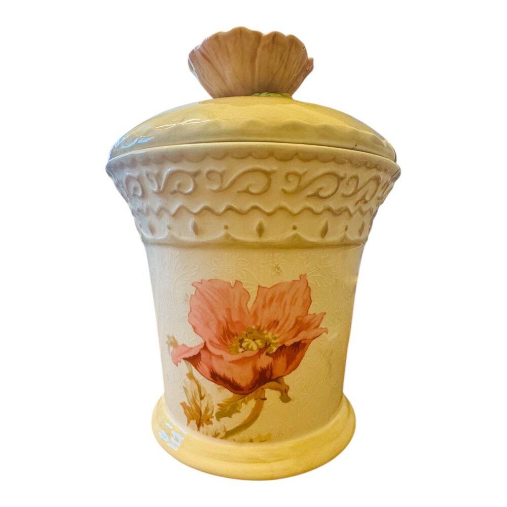 Vintage Michel & Company Ceramic Canister With Floral Lid  7.5” H Beige & Pink